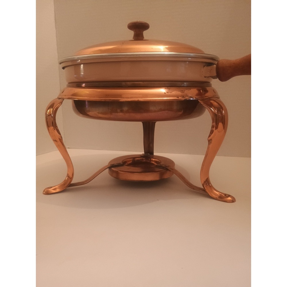 Vintage Copper Brass Skillet Chaffing Dish Fondue Pot with Wood Handle & Stand - Picture 5 of 6